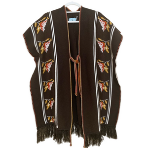 Vtg Comanche Imports Brown Acrylic‎ Knit Tie Fringe Poncho Birds Shawl Onesize
